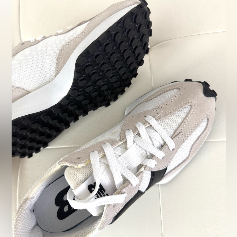 New Balance 327 White, Beige & Black Retro Runner Sneakers - Picture 4 of 11